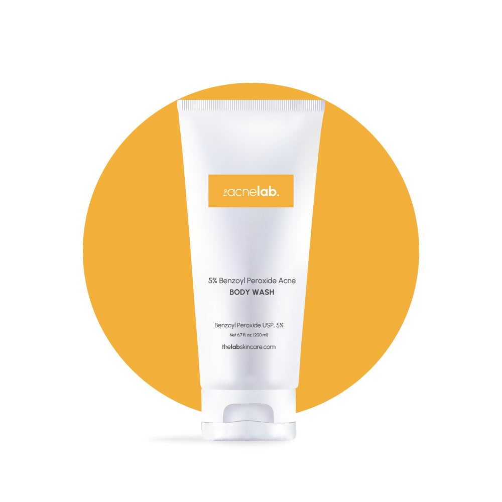 Bottle of The Acne Lab Body Wash 5% Benzoyl Peroxide for acne on the chest and back. 