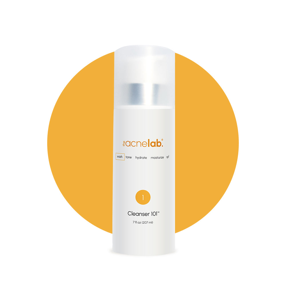 Bottle of The Acne Lab Cleanser 101. It is a creamy cleanser that gently cleanses skin is acne safe and free of pore cloggers